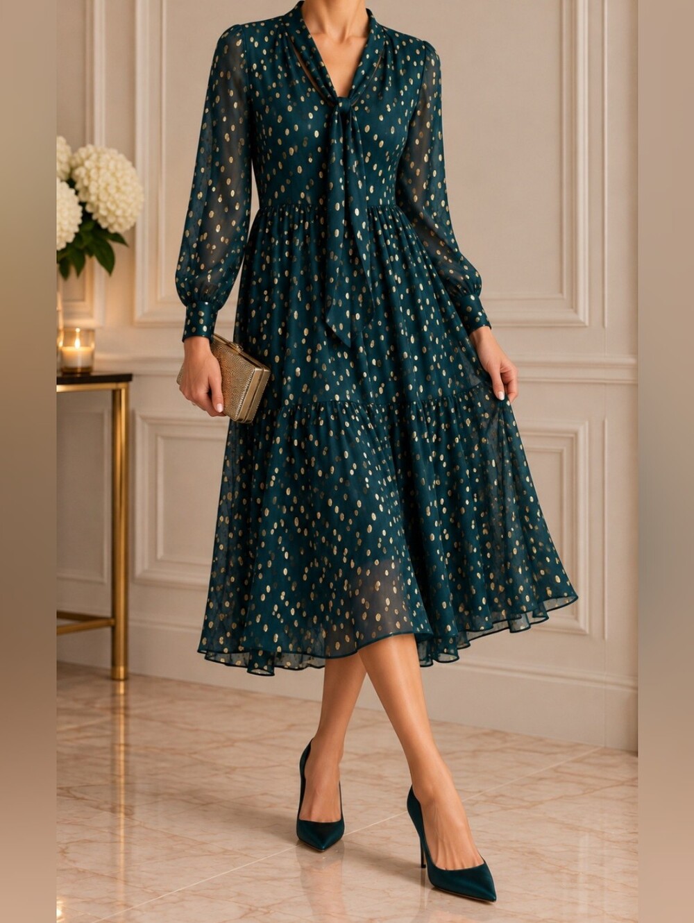 BCBGMaxAzria Teal Midi Dress with Gold Dot Accents